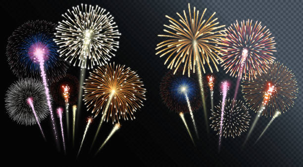 illustrazioni stock, clip art, cartoni animati e icone di tendenza di due gruppi di fuochi d'artificio isolati. illustrazione vettoriale. - fireworks