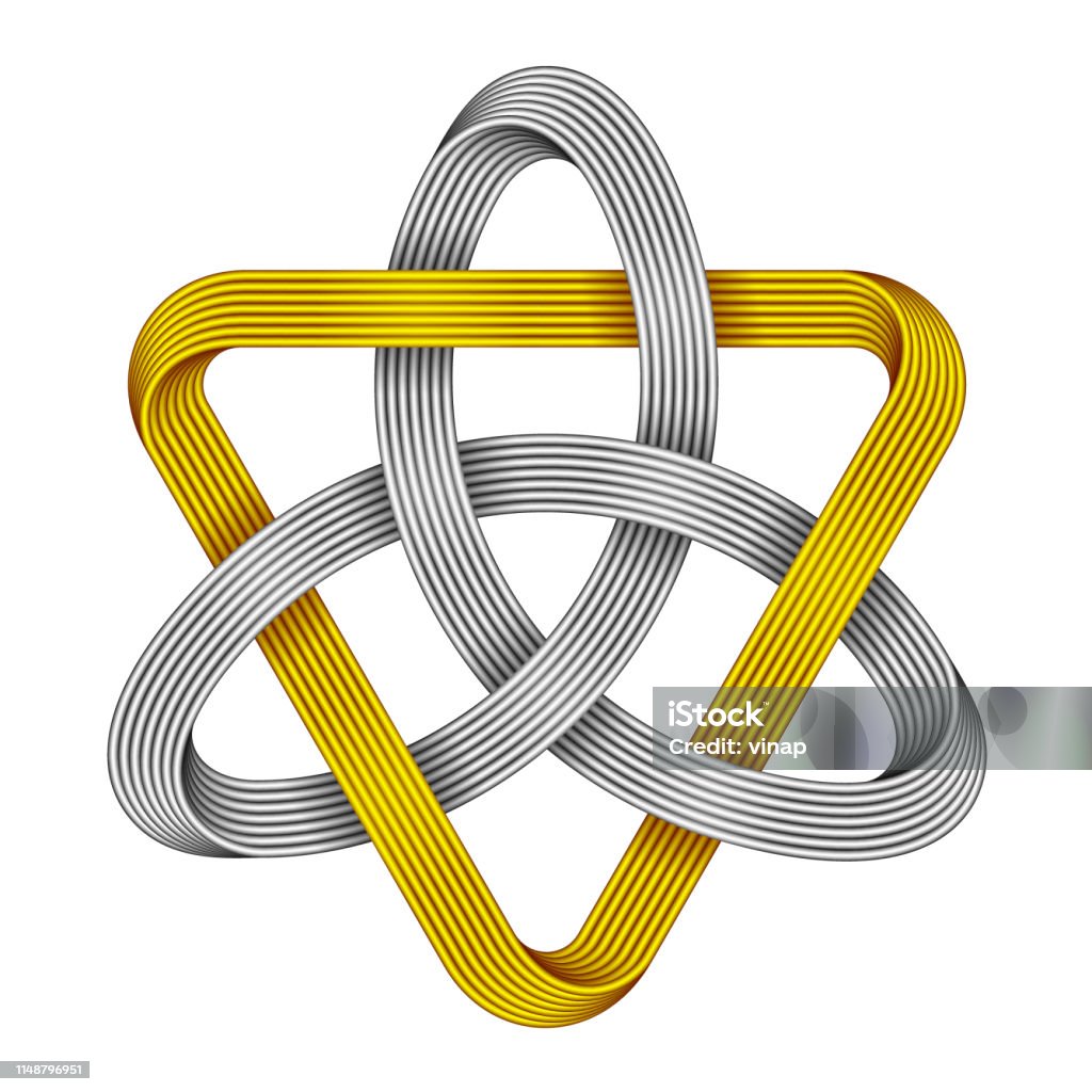 Triquetra with triangle made of intersected strips. Celtic trinity symbol. Vector illustration. Knot Triquetra with triangle made of intersected golden and silver strips. Celtic trinity symbol. Vector realistic illustration isolated on white background. Triangle Shape stock vector