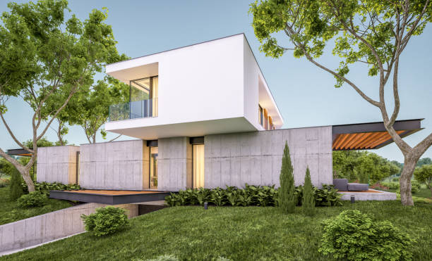 istock 3d rendering of modern house on the hill with pool in evening 1148798437
