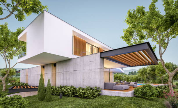 istock 3d rendering of modern house on the hill with pool in evening 1148798439