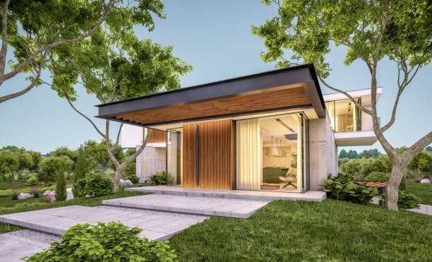 istock 3d rendering of modern house on the hill with pool in evening 1148798465