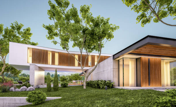 istock 3d rendering of modern house on the hill with pool in evening 1148798501