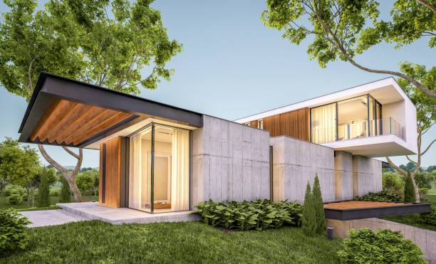 istock 3d rendering of modern house on the hill with pool in evening 1148798517