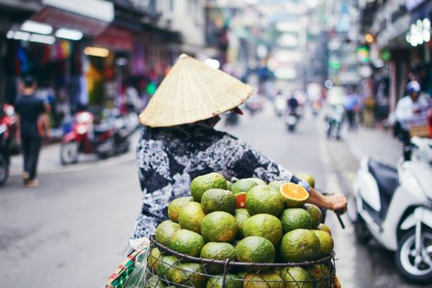 Fruit seller in Hanoi City life in street of old quarter in Hanoi. Fruit seller in traditional  conical hat. Selective focus on mandarin. historic district stock pictures, royalty-free photos & images