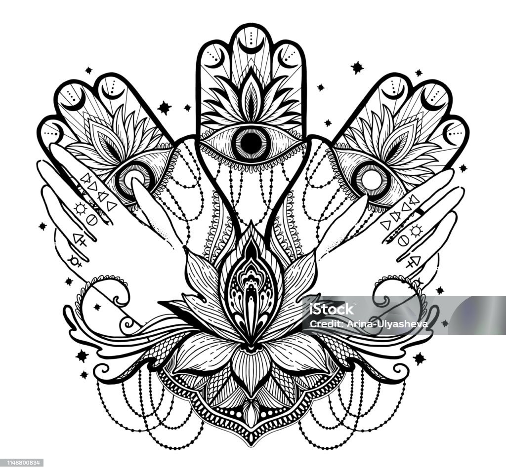 Magic Talisman Tôn Giáo Châu Á Và Tay Hoa Sen Đồ Họa Màu Đen Trong ...
