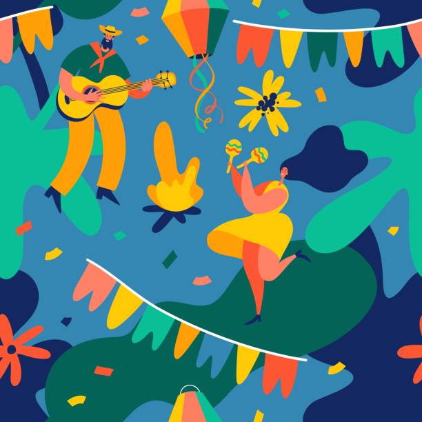 Festa Junina. Vector seamless pattern with dancing man and woman, party flags and confetti. Festa Junina. Vector seamless pattern with dancing man and woman, party flags and confetti. latin american and hispanic ethnicity stock illustrations