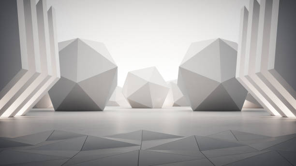 Geometric shapes structure on gray concrete floor with white wall background in hall or modern showroom. Construction technology for future architecture.