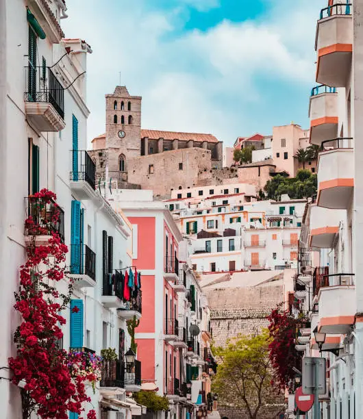 View of the whites streets of the old city of Ibiza called Dalt Vila and the cathedral Virgen de las Nieves