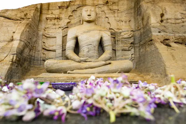 (Selective focus) Stunning view of the beautiful Samadhi statue carved in stone with blurred flowers in the foreground. The Samadhi Statue is a statue situated at Mahamevnawa Park in Anuradhapura, Sri Lanka.