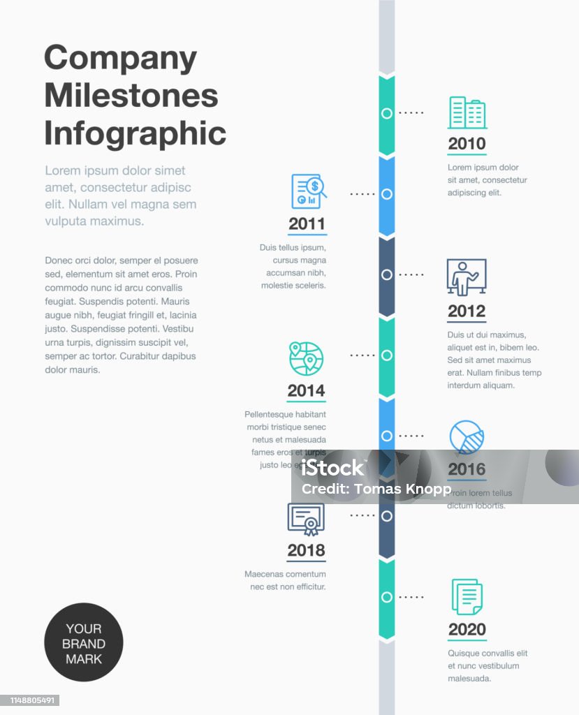 Modelo de cronograma de Marcos da empresa com ícones de linha - Vetor de Cronologia - Auxiliar visual royalty-free