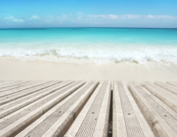 istock Wooden planks decking on the tropical white sandy beach blurred background 1148805995