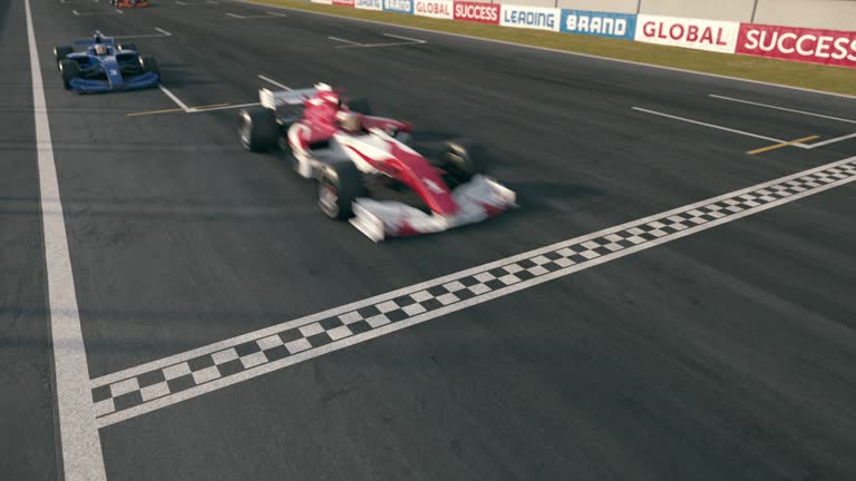 open-wheel single-seater racing car race cars crossing finishing line - static cam