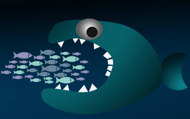 Big fish eating many small ones, 3D rendering\