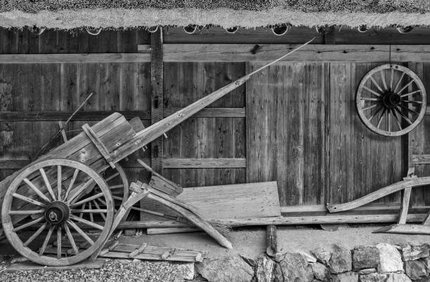 Farm house in Japan old wooden wheelbarrow in farm house. Autumn harvest background kyoto prefecture photos stock pictures, royalty-free photos & images