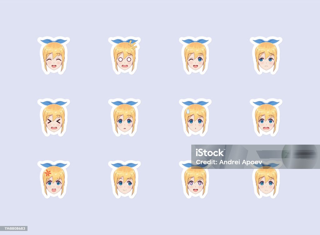 Set of emotional stickers head anime manga girl Set of emotional stickers head anime manga girl. Japanese cartoon style. For chat messages, paper or t-shirt print. Girl with blonde hair Art stock vector