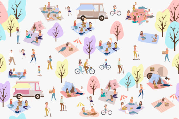 ilustraciones, imágenes clip art, dibujos animados e iconos de stock de patrón sin costuras-picnic de verano con vacaciones familiares activas con niños, parejas, familias, relajarse en la naturaleza - vector fun family healthy lifestyle