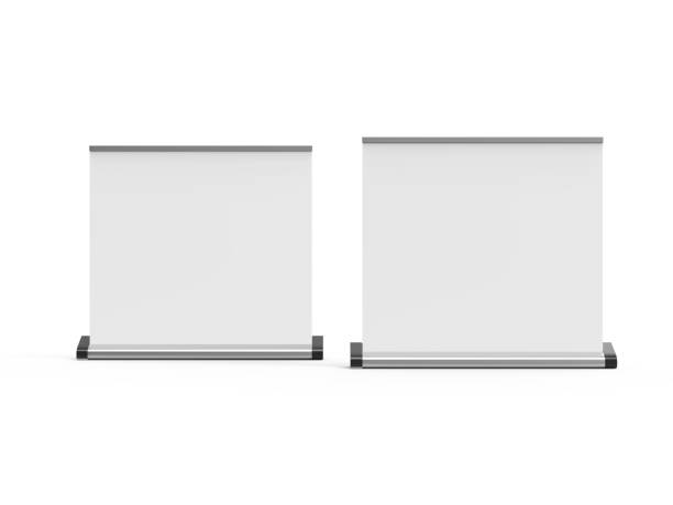 istock White wide blank roll-up banner mockup on isolated white background, showcase your design and layouts for exhibition or presentation, 3d illustration 1148812324