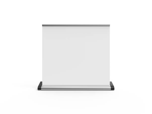 istock White wide blank roll-up banner mockup on isolated white background, showcase your design and layouts for exhibition or presentation, 3d illustration 1148812344