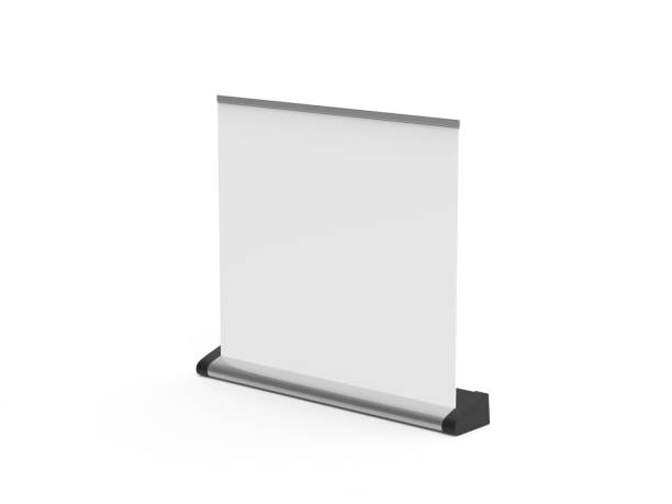 istock White wide blank roll-up banner mockup on isolated white background, showcase your design and layouts for exhibition or presentation, 3d illustration 1148812347
