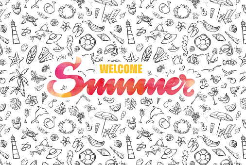Vectorized hand drawn watercolor Summer inscription on summer icons background