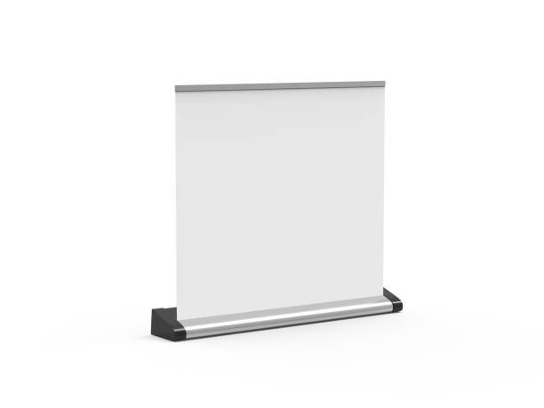 istock White wide blank roll-up banner mockup on isolated white background, showcase your design and layouts for exhibition or presentation, 3d illustration 1148812416