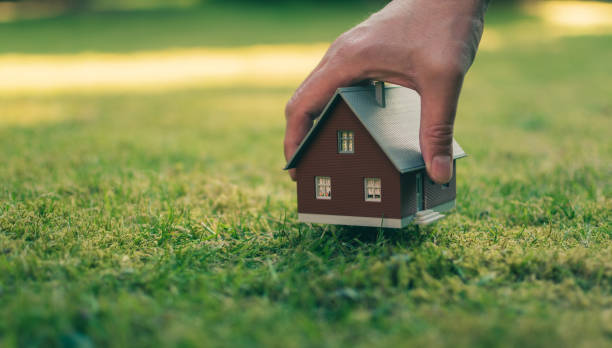 Concept of selling a house. A hand is holding a model house above green meadow. stock photo