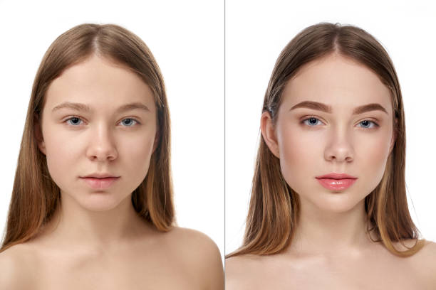 Girl posing without makeup and with nude makeup Front view of young girl posing without makeup and with natural nude makeup. Attractive female with blue eyes looking at camera on white isolated background studio. Concept of before and after. teenage girl before and after make up stock pictures, royalty-free photos & images