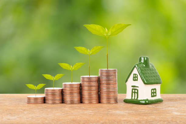 istock Model house and coin stack with tree on blur green background mortgage saving concept 1148815796