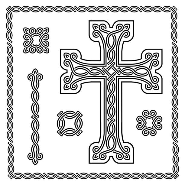 illustrazioni stock, clip art, cartoni animati e icone di tendenza di croce cristiana con ornamento intrecciato - cross border