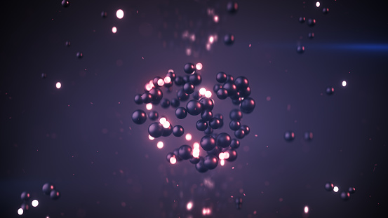 Group of purple spheres levitate. Abstract science fiction concept. Futuristic shape of glossy and glowing balls. 3D render