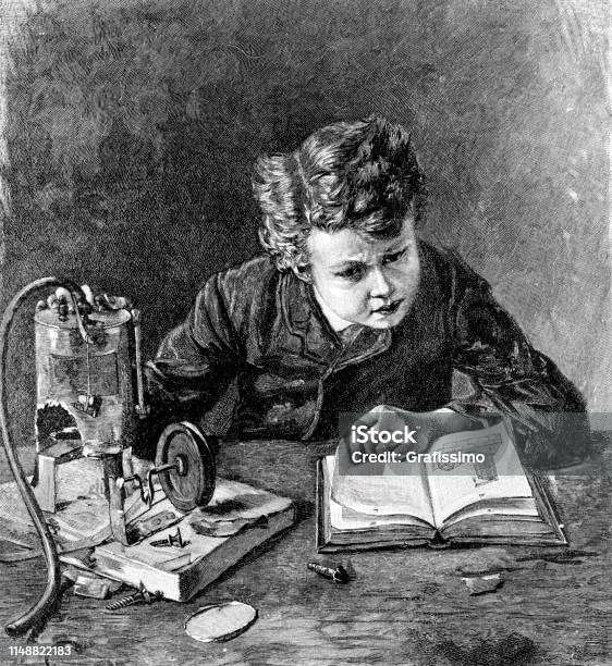 Little Boy Studying In School Over A Book 1894 Stock Illustration - Download Image Now - Drawing - Art Product, Engraved Image, Painted Image