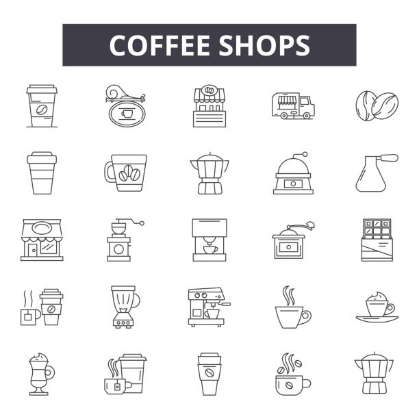 кофейни линии иконки, знаки, векторный набор, линейная концепция, наброски иллюстрации - кофе брейк stock illustrations