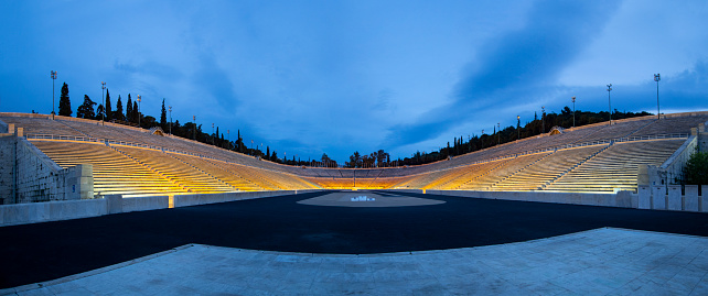 Athens, Greece. 9 May 2019: Panoramic View of the ancient stadium of the first Olympic Games in white marble - Panathenaic Stadium