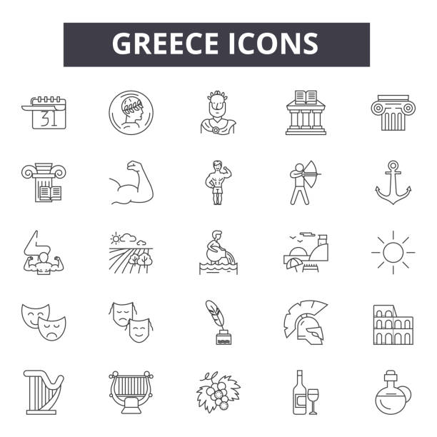 ilustraciones, imágenes clip art, dibujos animados e iconos de stock de grecia iconos de línea, signos, conjunto de vectores, concepto lineal, ilustración de esquema - greece greek islands town village