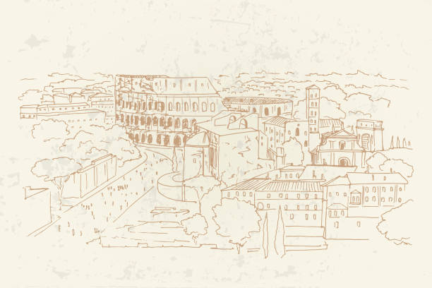ilustraciones, imágenes clip art, dibujos animados e iconos de stock de boceto vectorial del coliseo o del anfiteatro de flavian, roma, italia. - imperial italy rome roman forum