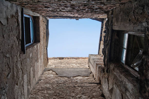 istock Looking up at old building to sky in perspective view 1148825086