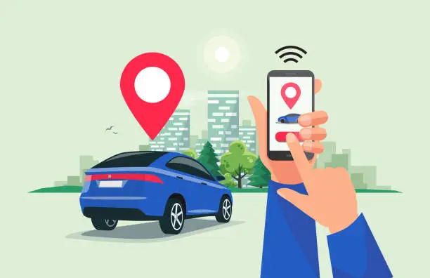 Vector illustration of Connected Car Sharing Service Remote Controlled Via Smartphone App