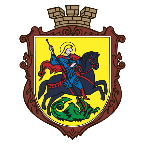 ilustrações, clipart, desenhos animados e ícones de o brasão de armas da cidade de nizhyn, st. george vence o dragão - st george dragon mythology horse