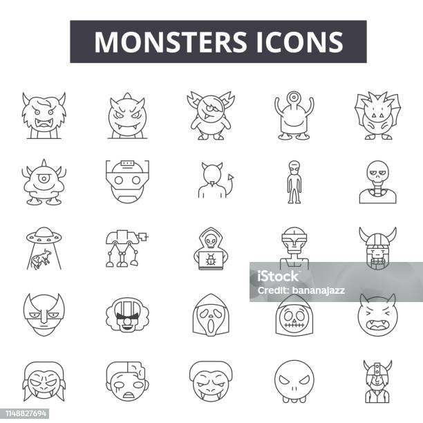 Monsters Line Icons Signs Vector Set Linear Concept Outline Illustration Stock Illustration - Download Image Now