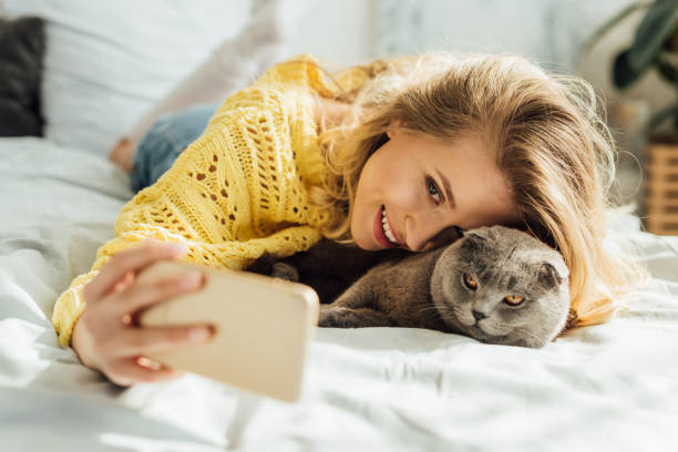 belle jeune femme souriante prenant le selfie sur le smartphone tout couché dans le lit avec le chat écossais de pli - animal cell photos photos et images de collection