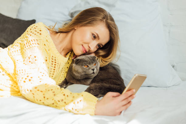 istock beautiful young woman taking selfie on smartphone while lying in bed with scottish fold cat 1148829157