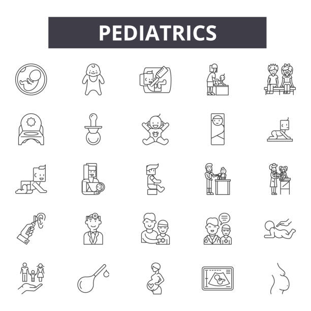 ilustraciones, imágenes clip art, dibujos animados e iconos de stock de iconos de línea de pediatría, signos, conjunto de vectores, concepto lineal, ilustración de esquema - pediatra
