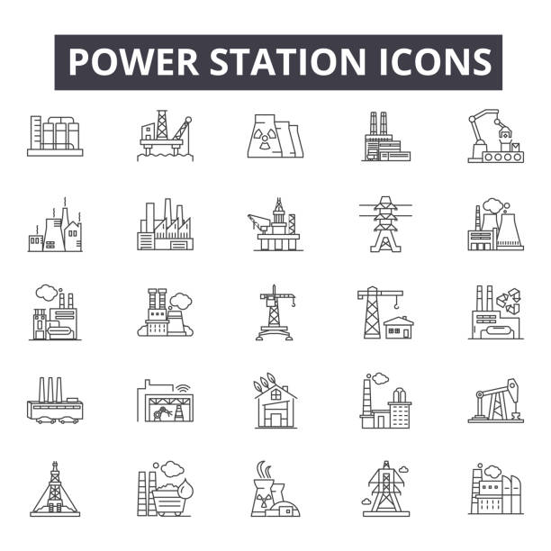 ikony linii elektrowni, znaki, zestaw wektorowy, koncepcja liniowa, ilustracja konspektu - fuel and power generation nuclear power station tower pollution stock illustrations