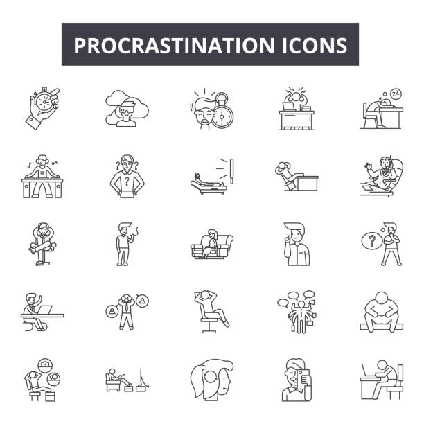 ikony prokrastinační čáry, značky, vektorová sada, lineární koncept, ilustrace obrysu - line icon stock ilustrace