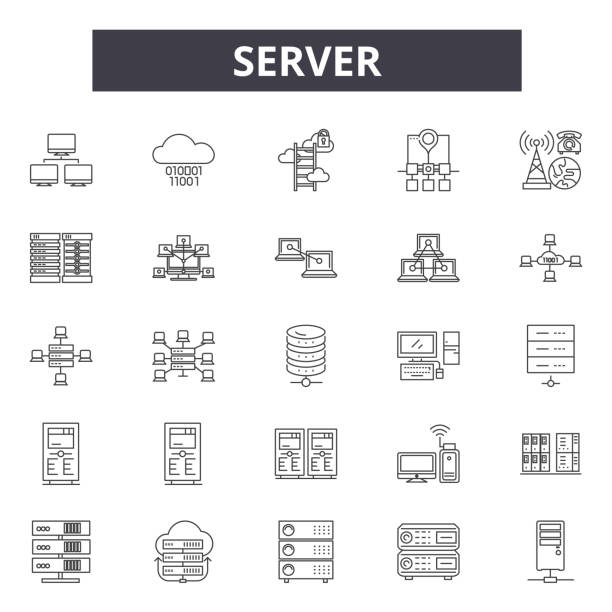 ilustrações, clipart, desenhos animados e ícones de linha ícones do server, sinais, jogo do vetor, conceito linear, ilustração do esboço - cabinet