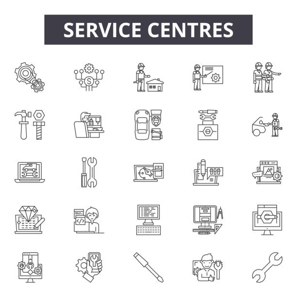 ilustrações, clipart, desenhos animados e ícones de os centros de serviço alinham ícones, sinais, jogo do vetor, conceito linear, ilustração do esboço - car workshop service expertise