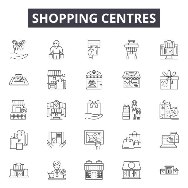 Shopping centres line icons, signs, vector set, linear concept, outline illustration Shopping centres line icons, signs, vector set, outline concept, linear illustration blurred motion people walking stock illustrations