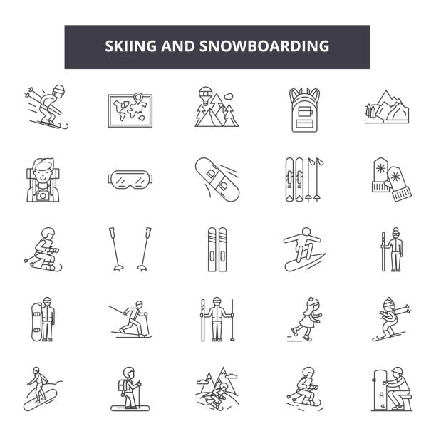 illustrazioni stock, clip art, cartoni animati e icone di tendenza di icone della linea di sci e snowboadrding, segni, set vettoriale, concetto lineare, illustrazione del contorno - sciatore velocità