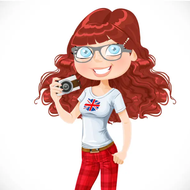 Vector illustration of Cute hipster girl with a camera isolated on white background