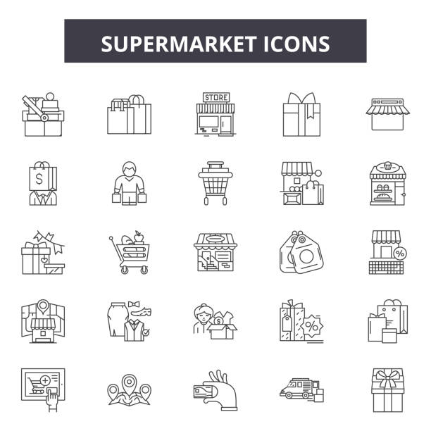 ilustraciones, imágenes clip art, dibujos animados e iconos de stock de iconos de línea de supermercado, signos, conjunto de vectores, concepto lineal, ilustración de esquema - ice shelf